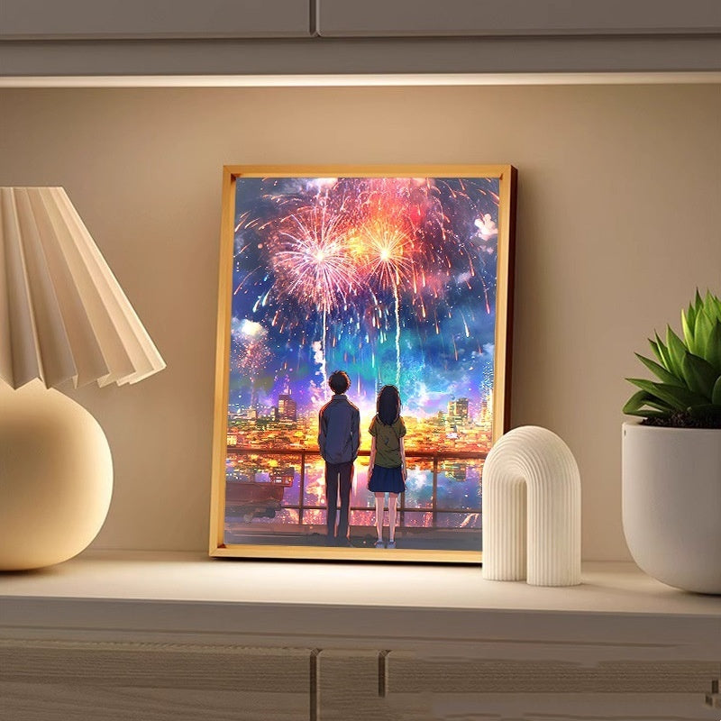 Pareja observa fuegos artificiales, iluminación curativa, pintura pequeña | Proyecto369
