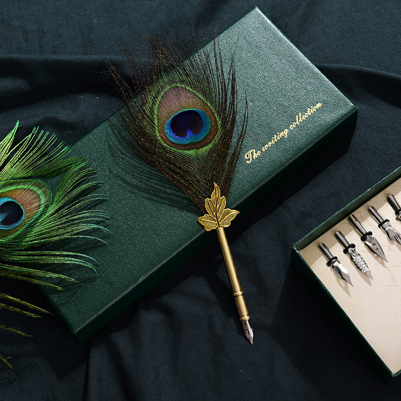 Retro peacock feather pen set - Green