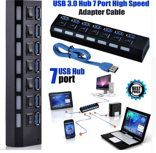 Concentrador externo USB 3.0 de 7 puertos de alta velocidad con adaptador de corriente | Proyect369